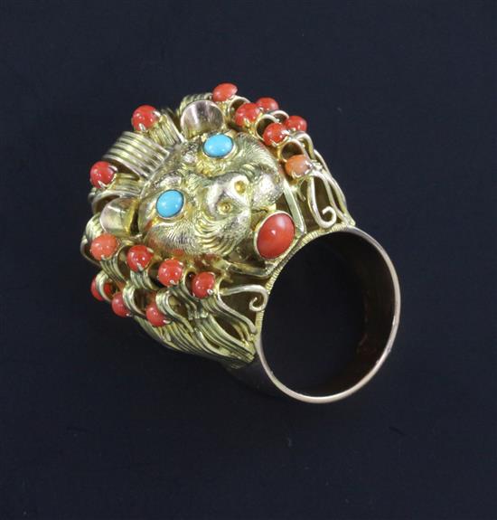 A 14ct gold, split coral and turquoise set dress ring, size M.